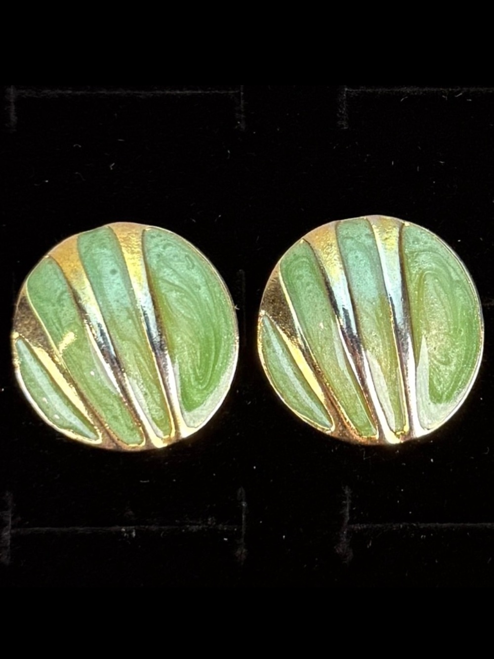 Vintage, goldtone, and green enamel pierced earrings